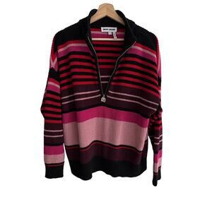 DKNY Jeans Women M Striped Quarter Zip Sweater Pink Black Red 100% Cotton